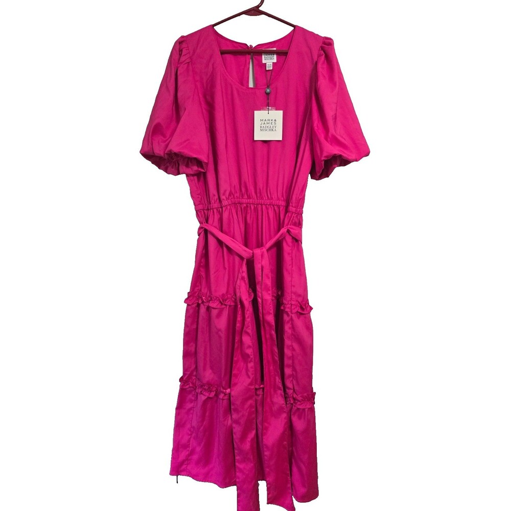 Mark & James Badgley Mischka Size XL Macie Midi Tiered Dress Hot Pink NWT
